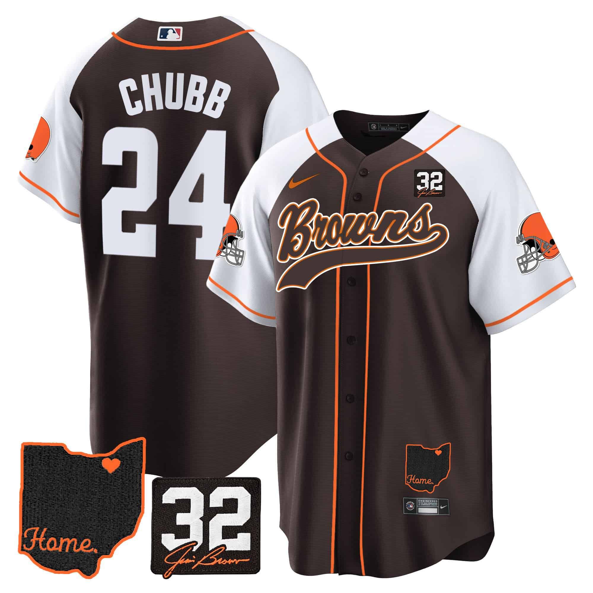 Men Cleveland Browns 24 Chubb Brown Memorial Home Patch Baseball 2024 Nike NFL Jersey
